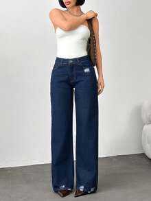 100% Cotton Low Waist Raw Wash Detailed Wideleg Jean - Dark Wash - View 5