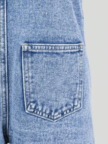 SHEIN 少女牛仔背带裤，夏季新品，中蓝色牛仔布，时尚休闲风格，修身剪裁，舒适棉质牛仔面料，适合日常穿着、上学、通勤和聚会。 - 淺色水洗藍 - 查看 8