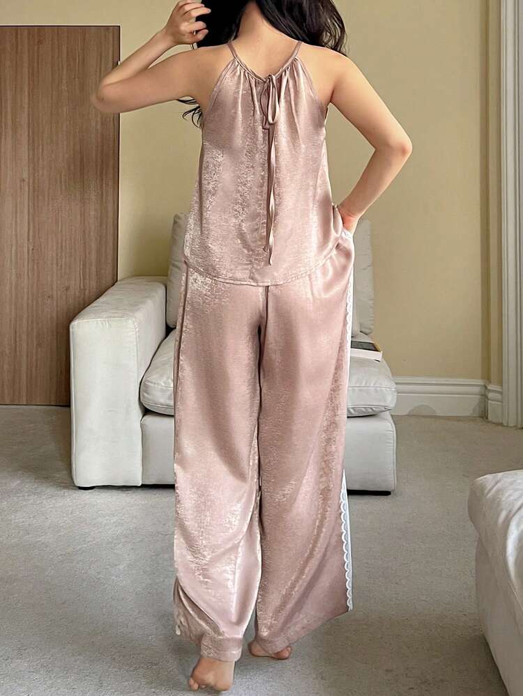 Elegant Sleeveless Satin & Lace Splice Nightwear Set For Women, Summer