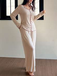 DAZY Minimalist Contrast Trim Soft Knit Women Pajama Set - Khaki - View 5