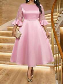 SHEIN Lady Đầm ren phối màu trơn thanh lịch cỡ lớn, thích hợp cho mùa hè. - Hồng - Xem 2