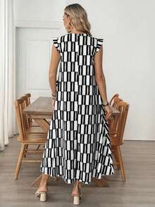 EMERY ROSE Women's Retro Patterned Extra Long Dress,White And Black Summer Casual Vacation Holiday Resort Wear Cruise Outfit Greece Sundress Fall Clothes - Black and White - View 2