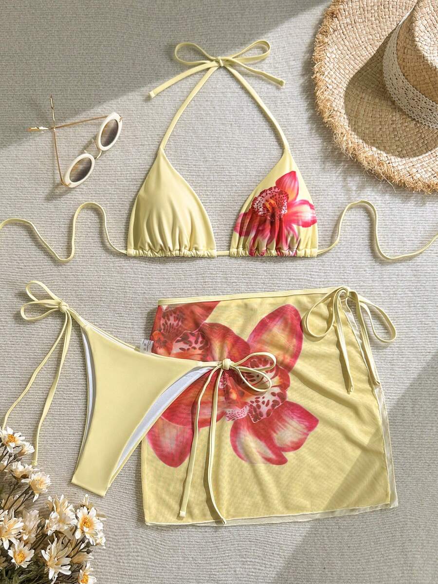 Soleia Bộ bikini gợi cảm mùa hè dành cho nữ, họa tiết hoa, kiểu buộc dây cổ, kèm áo khoác ngoài và váy. - Nhiều màu - Xem 1