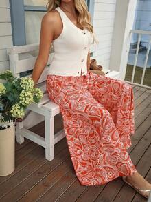 SHEIN LUNE Women's Casual Retro Print High Waist Wide Leg Pants, Suitable For Spring/Summer Vacation - Red - View 4
