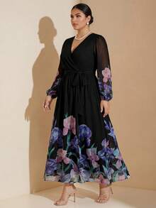 Modelyn Plus Size Elegant Floral Print Party Gym Dress Brown Autumn - Multicolor - View 7