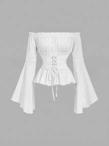 SHEIN MOD Off Shoulder Lace Up Front Ruched Bust Ruffle Hem White Waisted One-Shoulder Bell Sleeves Blouse - White - View 8