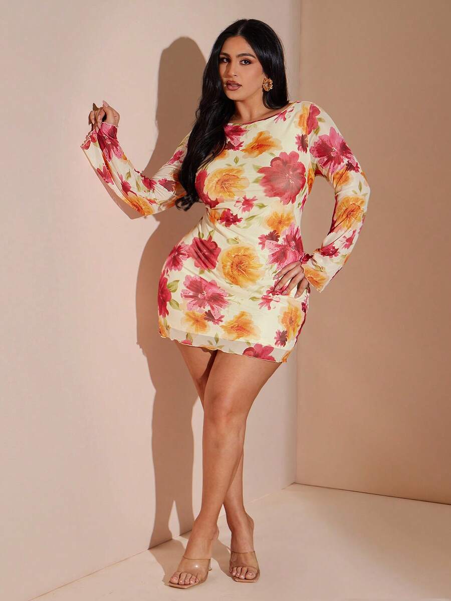 SHEIN BAE Đầm lưới dệt kim co giãn cổ tròn in hoa dành cho nữ cỡ lớn - Nhiều màu - Xem 1