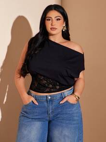 SHEIN BAE 大码女式春夏黑色针织蕾丝拼接不对称露肩性感度假上衣 - 黑色 - 查看 4