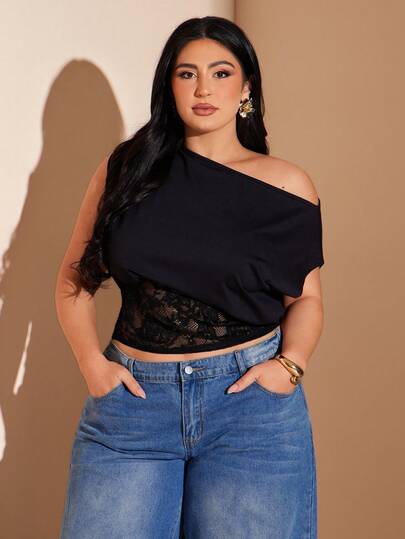 SHEIN BAE Plus Size Women's Fashionable Black Knit Lace Patchwork Oblique Shoulder Top, Summer Tops,Going Out Top,Elegant Top,Vacation Top,Black Top,Casual Blouses For Women, Spring/Summer Black Knit Lace Patchwork Asymmetrical Off-Shoulder Exposed Shoulder Blouse, Sexy Vacation Top,Summer Tops,Summer Clothes,Tube Top,Spring Outfits For Women,Summer,Shirts,Western Outfits For Women,Going Out Top,Holiday Outfits For Women,Tops For Women,Office Wear Women,Tank Top,Vacation Outfits Women,Plus Size,Western Outfits For Women,Country Concert Outfit,Cowgirl Outfits For Women,Plus Size,Curve