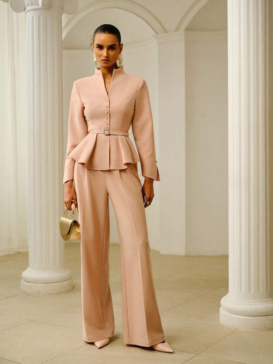 ZEYLAH Minimalist Asymmetrical Waistband Straight Leg Wide Leg Pants, Spring/Summer - Pink - View 1
