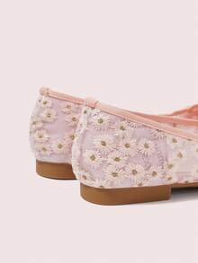 CUCCOO DOLLMOD Women's Pink Mesh Bow Hollow Breathable Daisy Embroidery Flat Ballet Shoes - Baby Pink - View 4