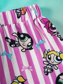 THE POWERPUFF GIRLS X SHEIN 女童条纹卡通印花短袖上衣和短裤休闲家居服套装 - 粉色 - 查看 9