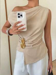 Modelyn Áo tank top nữ màu mơ dệt kim không tay, khóa kim loại, xếp ly, lệch vai, thắt eo, kiểu dáng thanh lịch, thích hợp cho mùa xuân/hè. - Màu be - Xem 7
