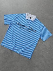 ROMWE MEN Essentials Men's Vacation Printed Short Sleeve Polo Shirt, Suitable For Spring And Summer - Blue - View 4