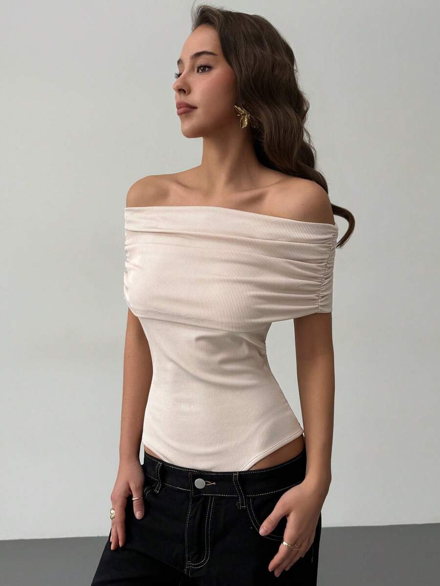 RiviMae Bodysuit Wanita Elegan Tanpa Bahu, Atasan Tanpa Lengan Berlipit Tanpa Tali Bergaris Warna Aprikot untuk Acara Malam Musim Panas, Kemeja Serbaguna Modis Warna Polos - Aprikot - View 1