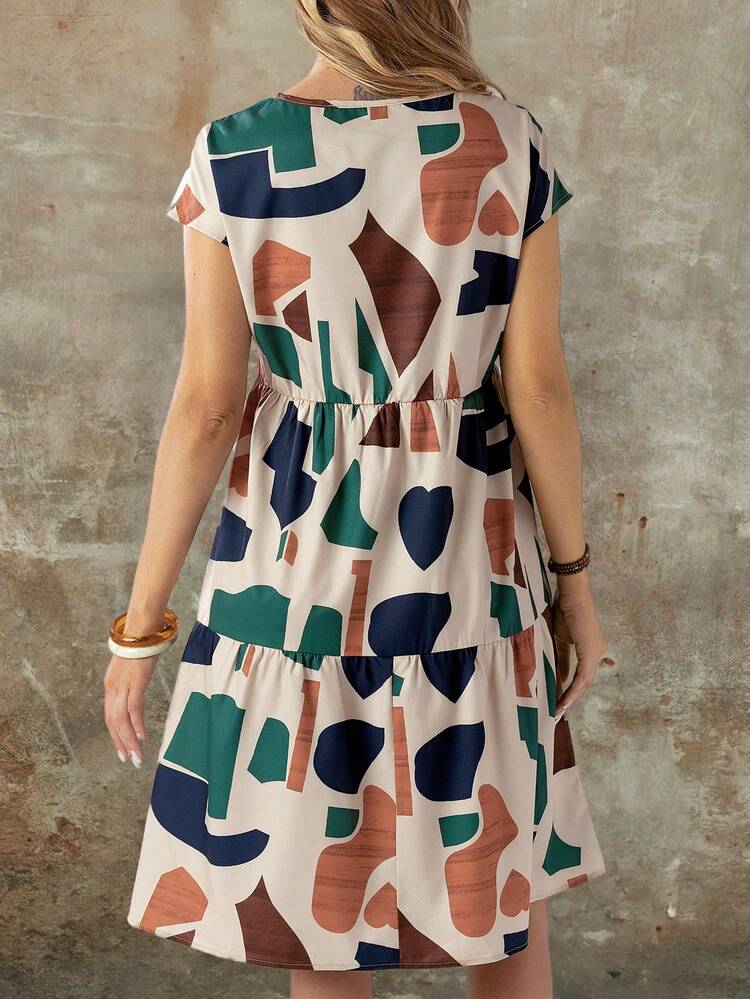 Women's Summer Geometric Pattern Print Round Neck Short-Sleeve Dress,Summer Dresses For Women