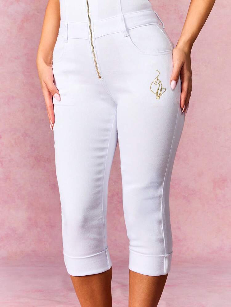 BABYPHAT White Denim Halter Neck Capri Length Jumpsuit Studded Detail Zipper Front Closure