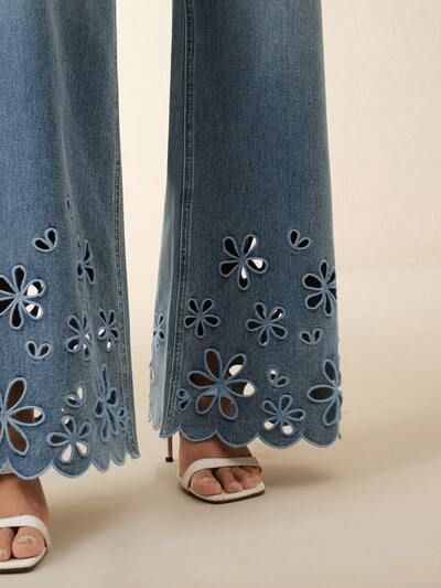 Women's Elegant Flared Blue Jeans With Embroidery & Hollow-Out Details, With Pockets