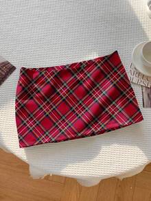 Comfortcana Women's Red And Black Plaid Print Minimalist Casual Midi Skirt - White - View 4