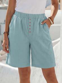 Faunlyn Women's Summer Solid Color Elastic Waist Pocket Casual Shorts - Green - View 6