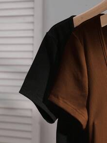 SHEIN EZwear 2件套女士方领短袖休闲修身性感T恤，适合夏季穿着 - 彩色 - 查看 4