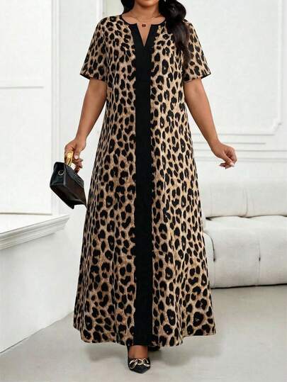 SHEIN Lady Đầm nữ cỡ lớn in họa tiết da báo, cổ chữ V, tay ngắn, kiểu dáng thường ngày.