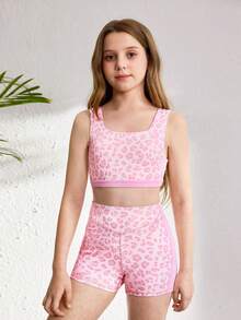 Tween Girls 2pcs Set. Leopard Print Sleeveless Sports Bra And Shorts Set, Fashionable Activewear Yoga Outfit, Pink Leopard Print Design, Sportswear Fitness Set, Suitable For Casual Sports, Yoga Wear - Multicolor - View 5