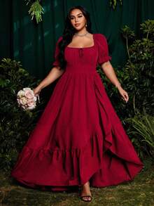 Roveilla Plus Size Square Neck Ruffle Trim Slit A-Line Dress, Burgundy, Elegant Vintage Style For Holiday, Party, Occasion - Burgundy - View 1