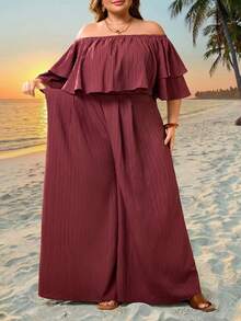 SHEIN CURVE+ Plus Size Women Holiday Solid Color Ruffle Off Shoulder Blouse And Wide Leg Pants Set Beach Vacation Outfits Woman 2 Piece Plus Size Summer 2 Piece Set Beach 2 Piece Set - Mauve Purple - View 9