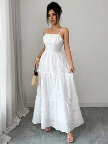 Rafferiza 女士浪漫精致度假连衣裙，镂空刺绣3D花卉刺绣吊带收腰长裙，浅黄色，春夏款 - 白色 - 查看 3