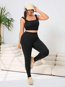 SHEIN EZwear 3件套加大码女式纯色休闲百搭日常穿着打底裤 - 黑色 - 查看 7