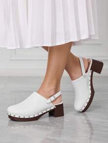 Sleekvia Women's Fashion Thick Heel Slide Sandals With Buckle Design - White - View 2