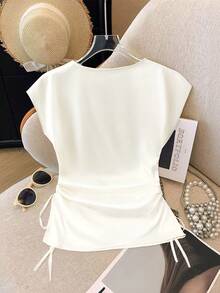 GlowEve Damen V-Ausschnitt Kurzarm Tailliert Taillenband Zugband Design Satin Elegante Geburtstags Party Hochzeit Chic Pendler Date Mode Neu Weiße Bluse - Beige - Übersicht 2