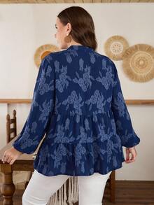 Lacomfia Casual Solid Color Jacquard Long Sleeve Loose Regular Fit Shirt, Plus Size, Spring/Autumn - Blue - View 2