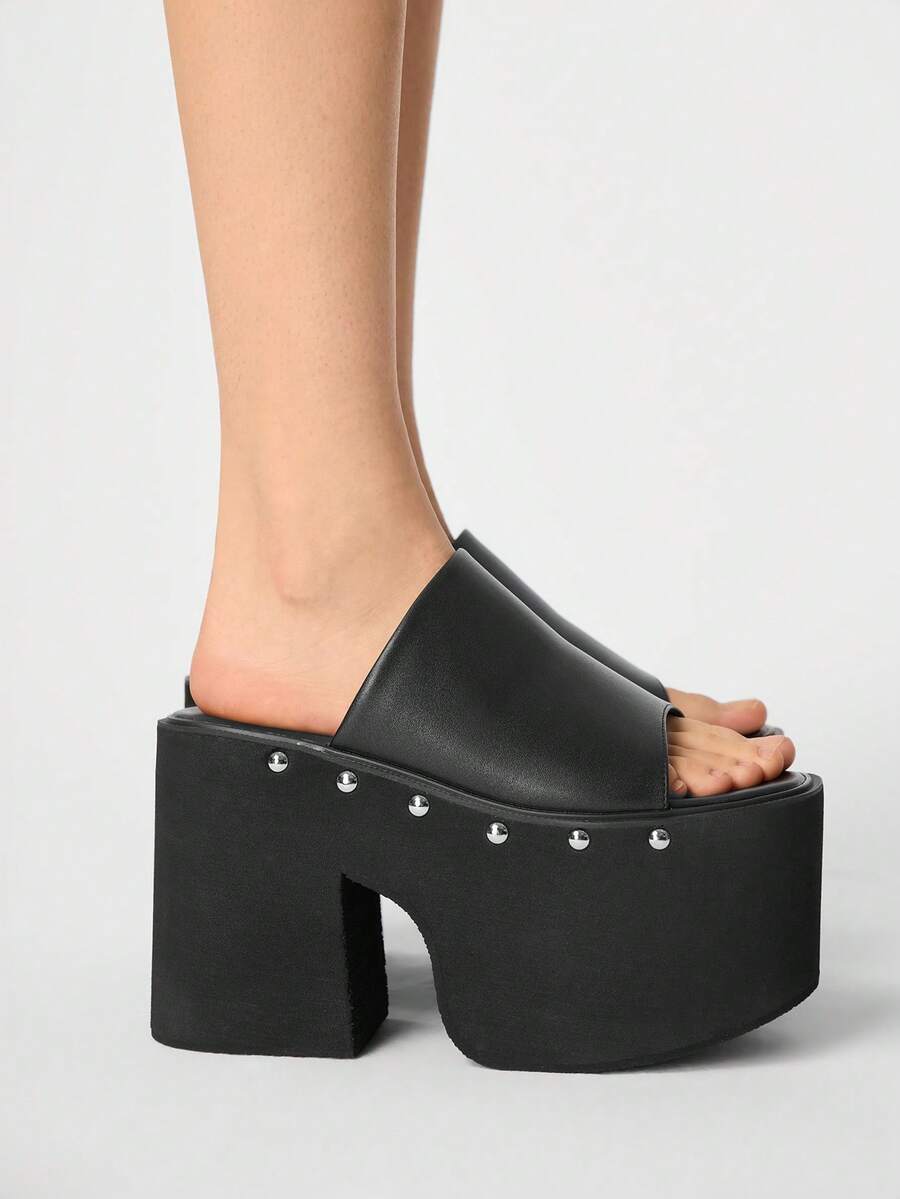 ROMWE Grunge Punk 女士黑色铆钉厚底坡跟凉鞋 - 黑色 - 查看 1