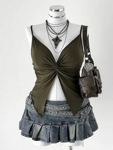 Sunspun Plus Size Solid Color Criss-Cross Chest Slit Camisole - Army Green - View 1
