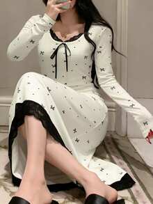 DAZY Bow Print Colorblock Lace Patchwork Waist Dress, Suitable For Summer And Spring, Women Nightgown - White - View 3