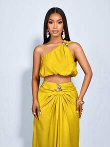 SOLERSUN Conjunto de dos piezas sexy y elegante con lunares, top hombros descubiertos, falda larga, traje casual de lino amarillo, perfecto para ir al trabajo y de vacaciones, ropa de mujer para primavera/verano. - Mostaza Amarilla - Ver 6