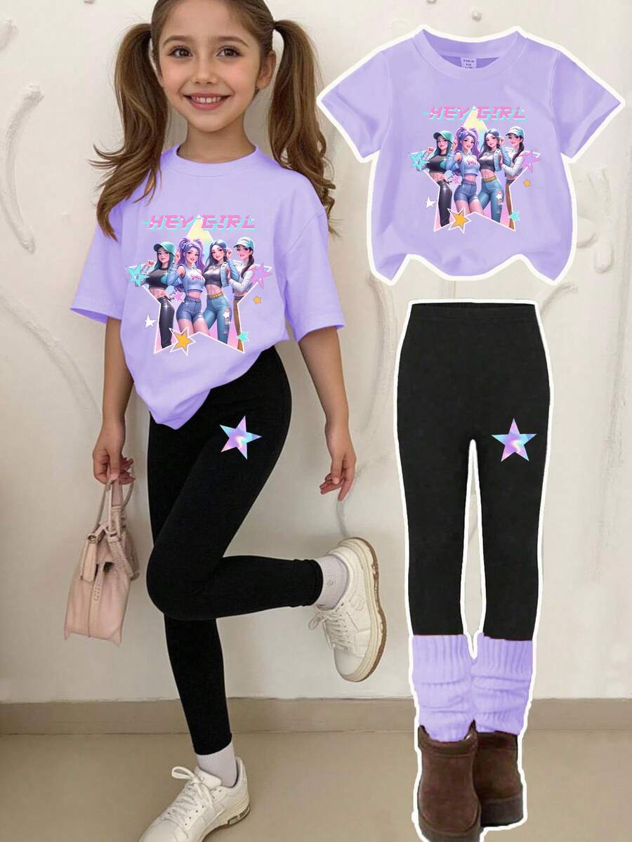 一套少女休闲舒适时尚卡通韩流女孩彩色星星字母印花短袖T恤和打底裤套装，适合春夏户外穿着。 - 紫色 - 查看 1