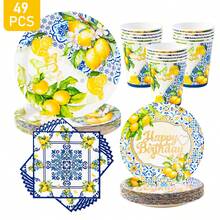 Bộ chén đĩa, khăn ăn và cốc dùng một lần Green Leaf Lemon, phục vụ 8 người. Bộ đồ dùng tiệc dùng một lần này (bao gồm chén đĩa, khăn ăn và cốc) rất phù hợp cho các bữa tiệc sinh nhật, đám cưới và dã ngoại gia đình. - Xem 1
