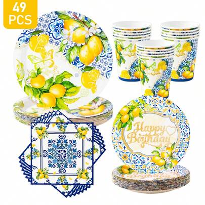 Bộ chén đĩa, khăn ăn và cốc dùng một lần Green Leaf Lemon, phục vụ 8 người. Bộ đồ dùng tiệc dùng một lần này (bao gồm chén đĩa, khăn ăn và cốc) rất phù hợp cho các bữa tiệc sinh nhật, đám cưới và dã ngoại gia đình.