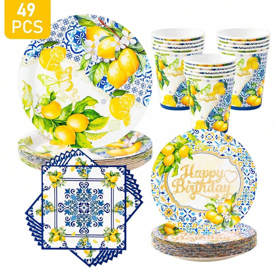 Bộ chén đĩa, khăn ăn và cốc dùng một lần Green Leaf Lemon, phục vụ 8 người. Bộ đồ dùng tiệc dùng một lần này (bao gồm chén đĩa, khăn ăn và cốc) rất phù hợp cho các bữa tiệc sinh nhật, đám cưới và dã ngoại gia đình. - Xem 1