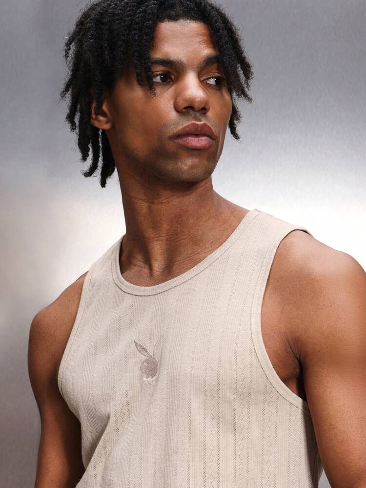 PLAYBOY X SUMWON Men's Textured Ribbed Tank Top With Crew Neckline Sleeveless Regular Fit Casual Summer Holiday Wear