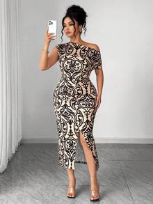 SHEIN Elenzya Stor storlek Stickad Mönstrad Elegant Bara Axlar Moderiktig Och Snygg Sommarklänning - Kaki - Visa 8