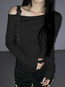DAZY Women's Sexy Asymmetrical Shoulder Long Sleeve T-Shirt, Versatile Slim Fit Buckle Decor Tee - Black - View 4