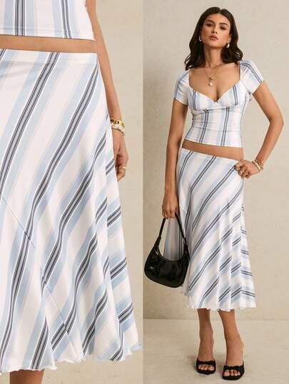 Poéselle Women's Striped Casual Commuter Mini Skirt Ladies Two Piece Outfits Skirts And Top Two Piece Set Woman Skirt Beach Outfits For Woman 2 Piece Greece Vacation Outfits Women Brunch Outfits For Women 2 Piece