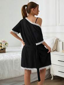 EURMUSE Women 2 Pcs Contrast Colour Lace Detail Nightdress With Robe Pajama Set White Set - Black - View 2