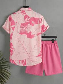 VIVINTIMO Conjunto de camisa y pantalones cortos con estampado de plantas para hombre, casual, para vacaciones - Rosa - Ver 3