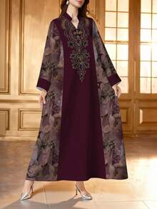 SHEIN Najma 紫色紮染碎花拼接刺繡V領開衩下擺長袖長洋裝，優雅阿拉伯風春夏度假穿搭 - 彩色 - 查看 1
