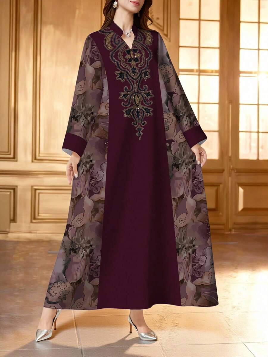 SHEIN Najma 紫色紮染碎花拼接刺繡V領開衩下擺長袖長洋裝,優雅阿拉伯風春夏度假穿搭 - 彩色 - 查看 1